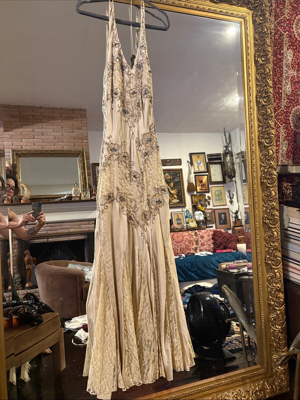 Vintage Cache Cream with gold Beaded Backless Halter dress